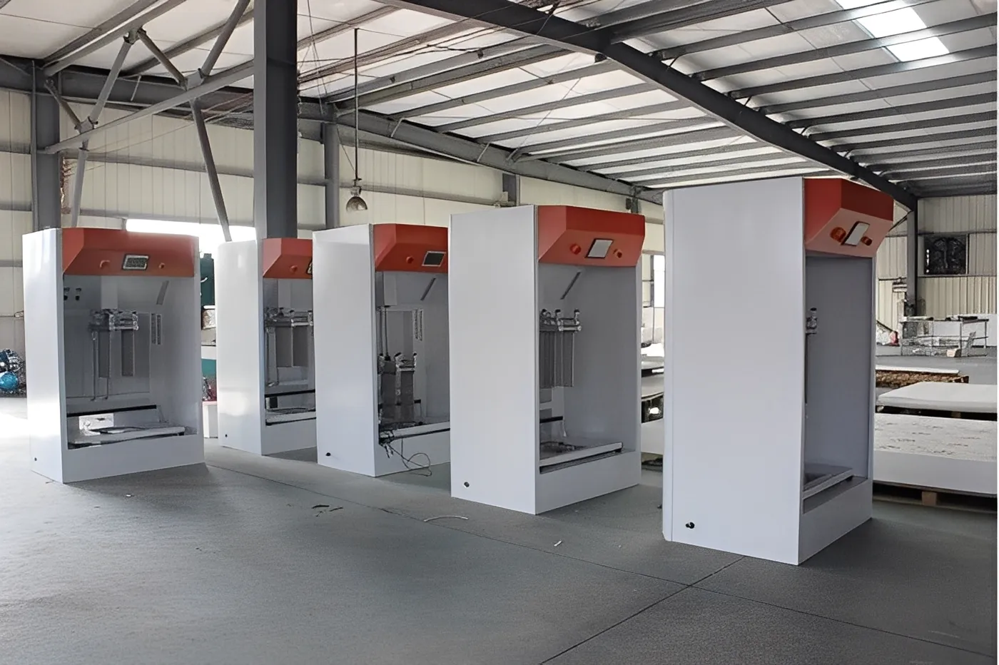 Factory workshop with integrated powder coating system