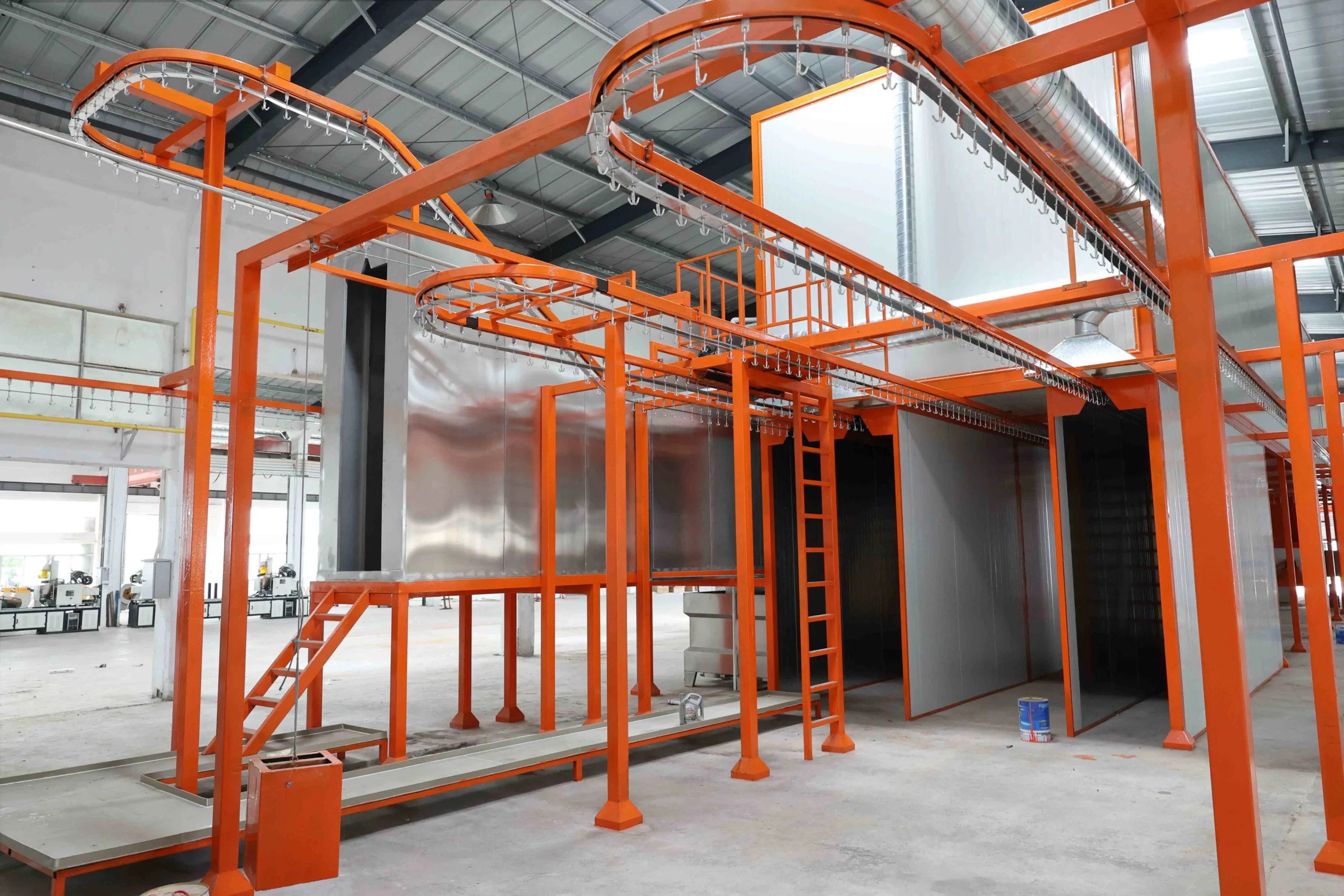 Cross-braced overhead conveyor structure for continuous steel coating