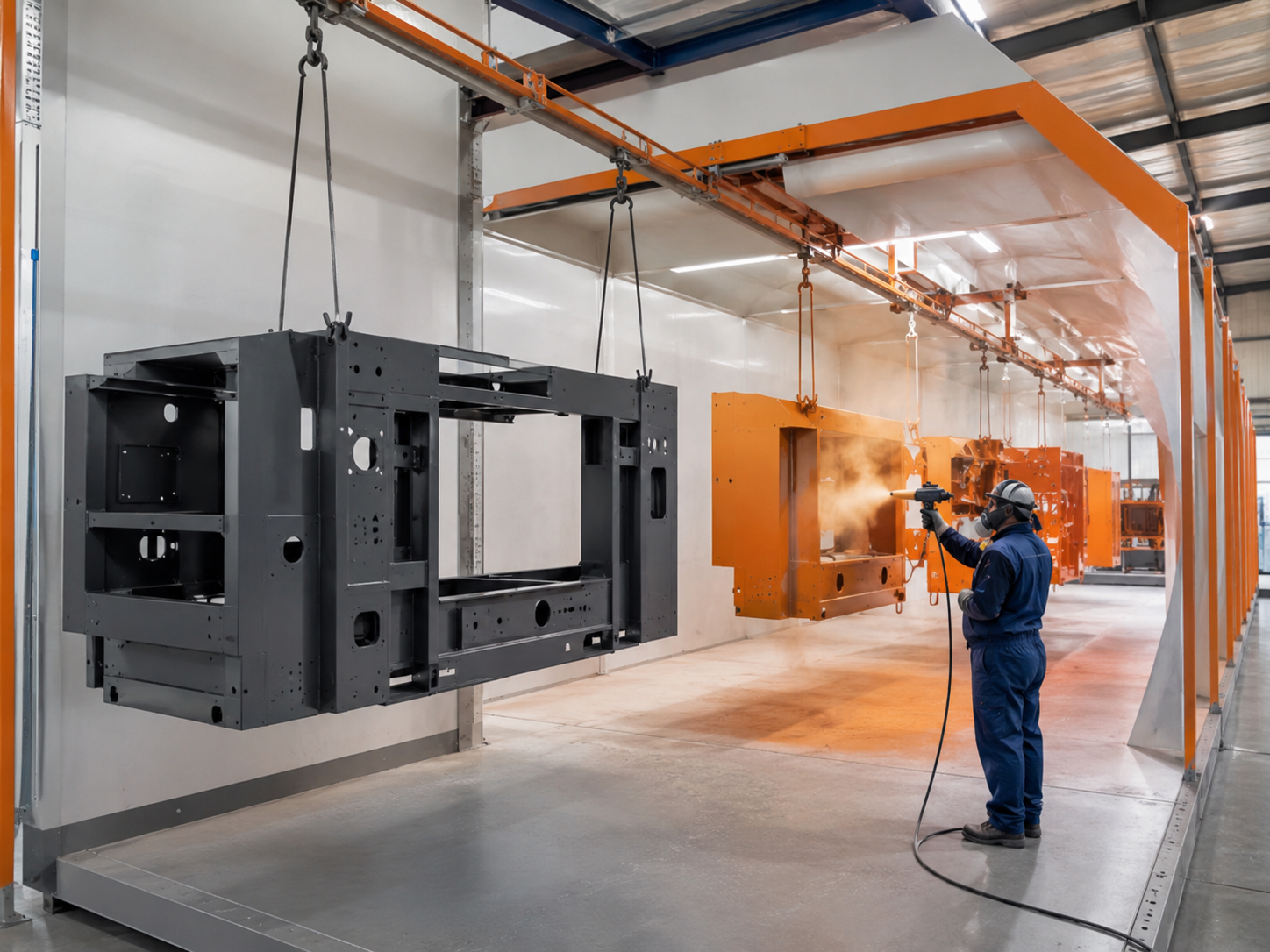 CNC machine shell entering backpack and walk-in powder spraying room