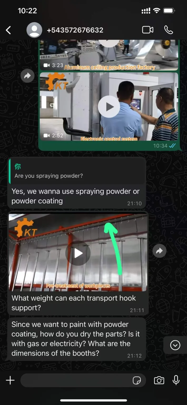 WhatsApp project feedback screenshot for coating production line