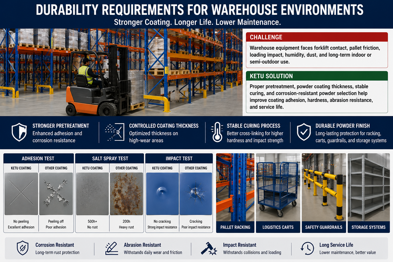 Durable powder coated warehouse rack beams and safety guardrails