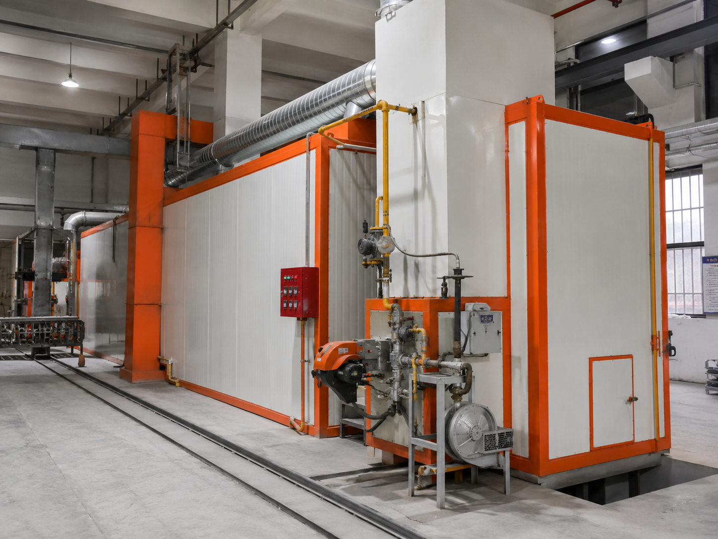 Gas powder coating curing oven burner and heat exchanger structure