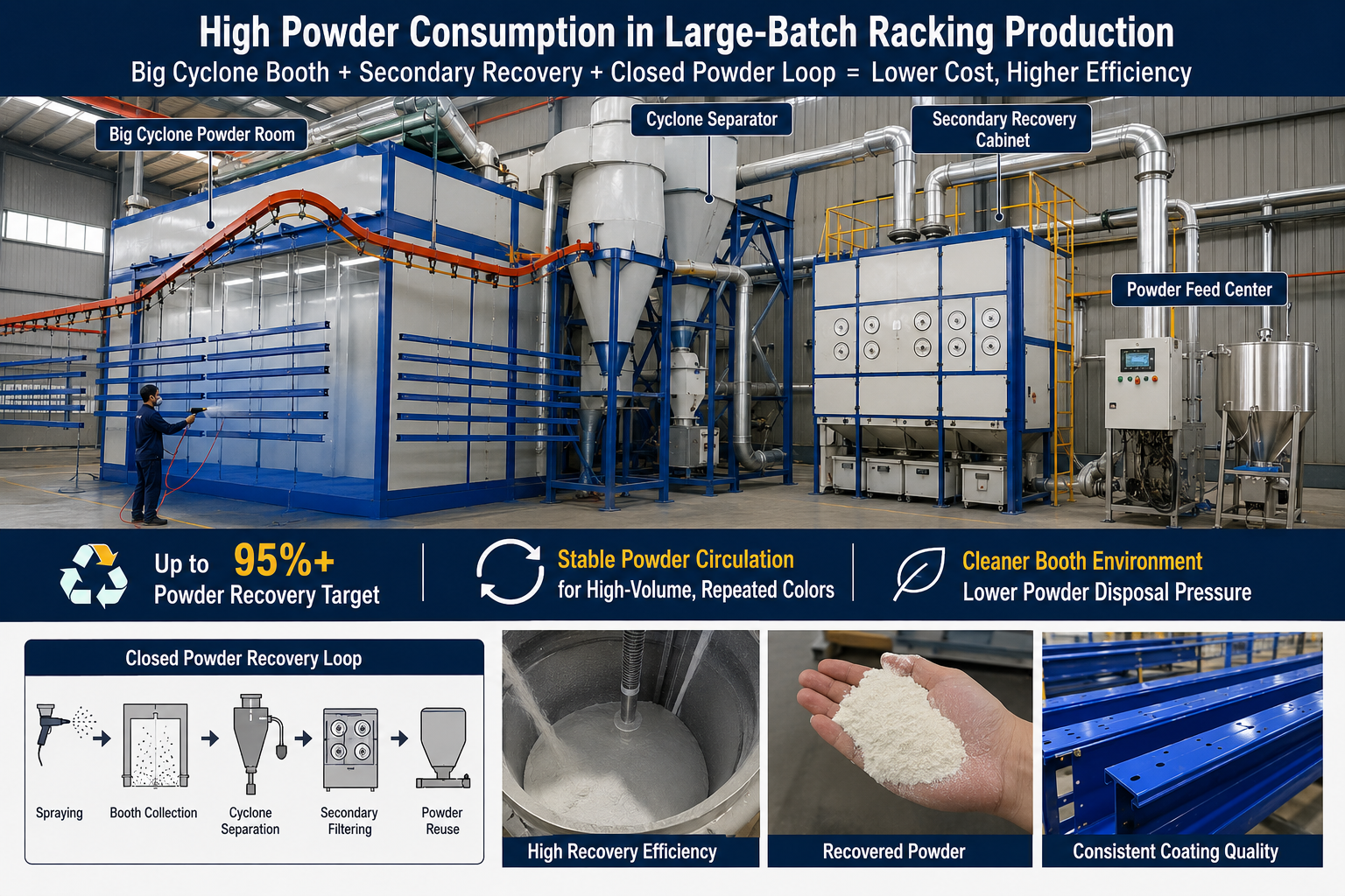 Powder recovery system for high volume pallet racking coating production