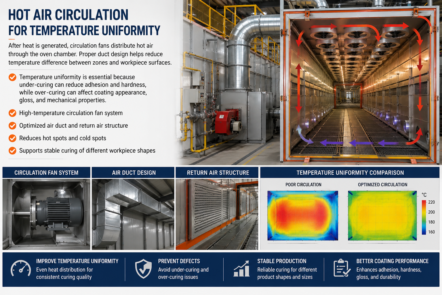 Hot air circulation inside gas powder coating curing oven chamber