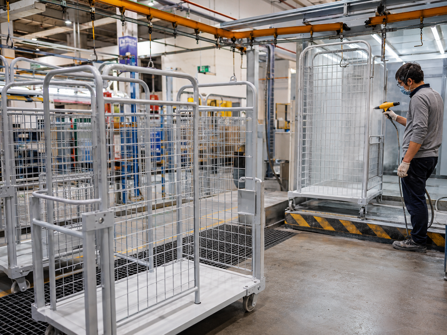 Logistics carts roll cages trolleys and material handling equipment powder coating line