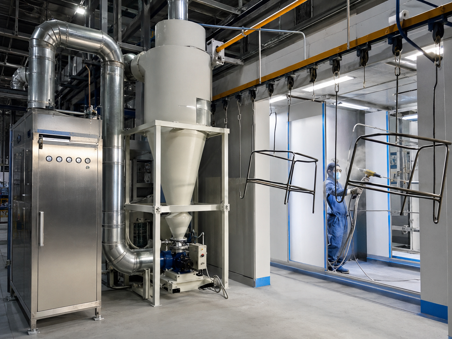 Powder recovery cyclone and secondary recycling cabinet for furniture coating line system