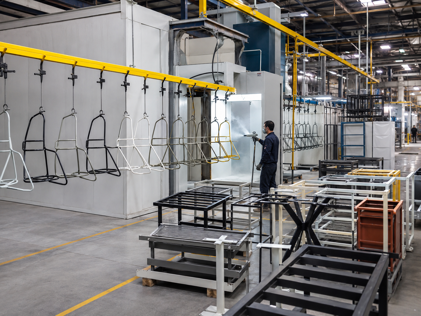 Metal office chairs tables and home furniture frames powder coating application montage