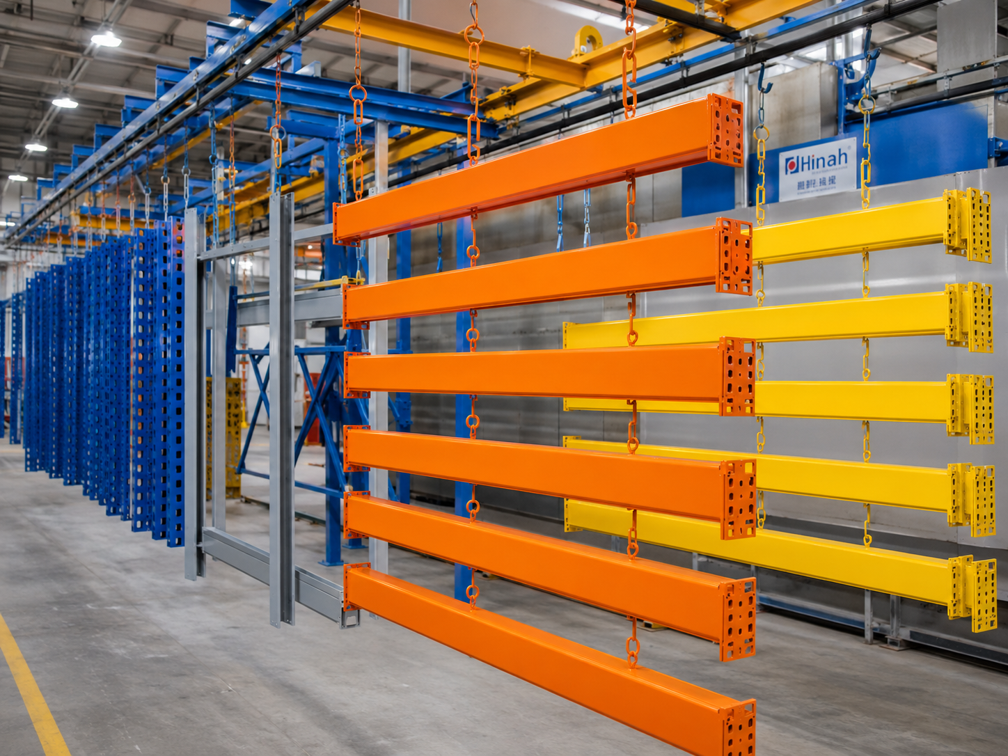 Pallet racking beams uprights and braces powder coating application