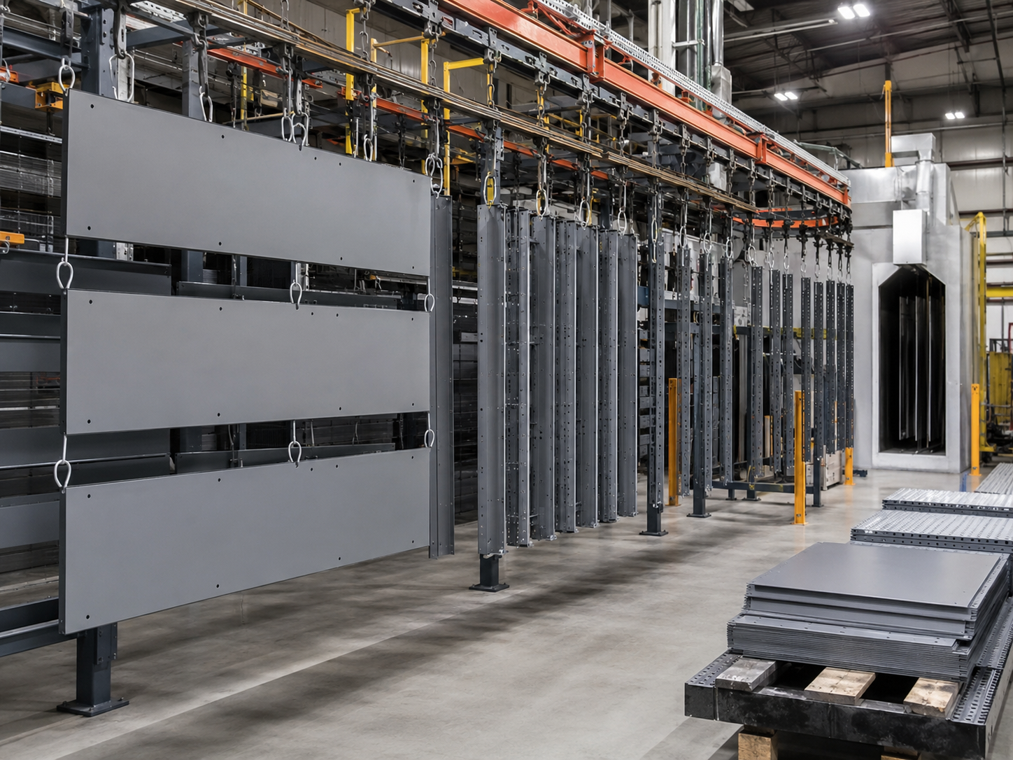 Metal storage shelving and shelf panels powder coating production
