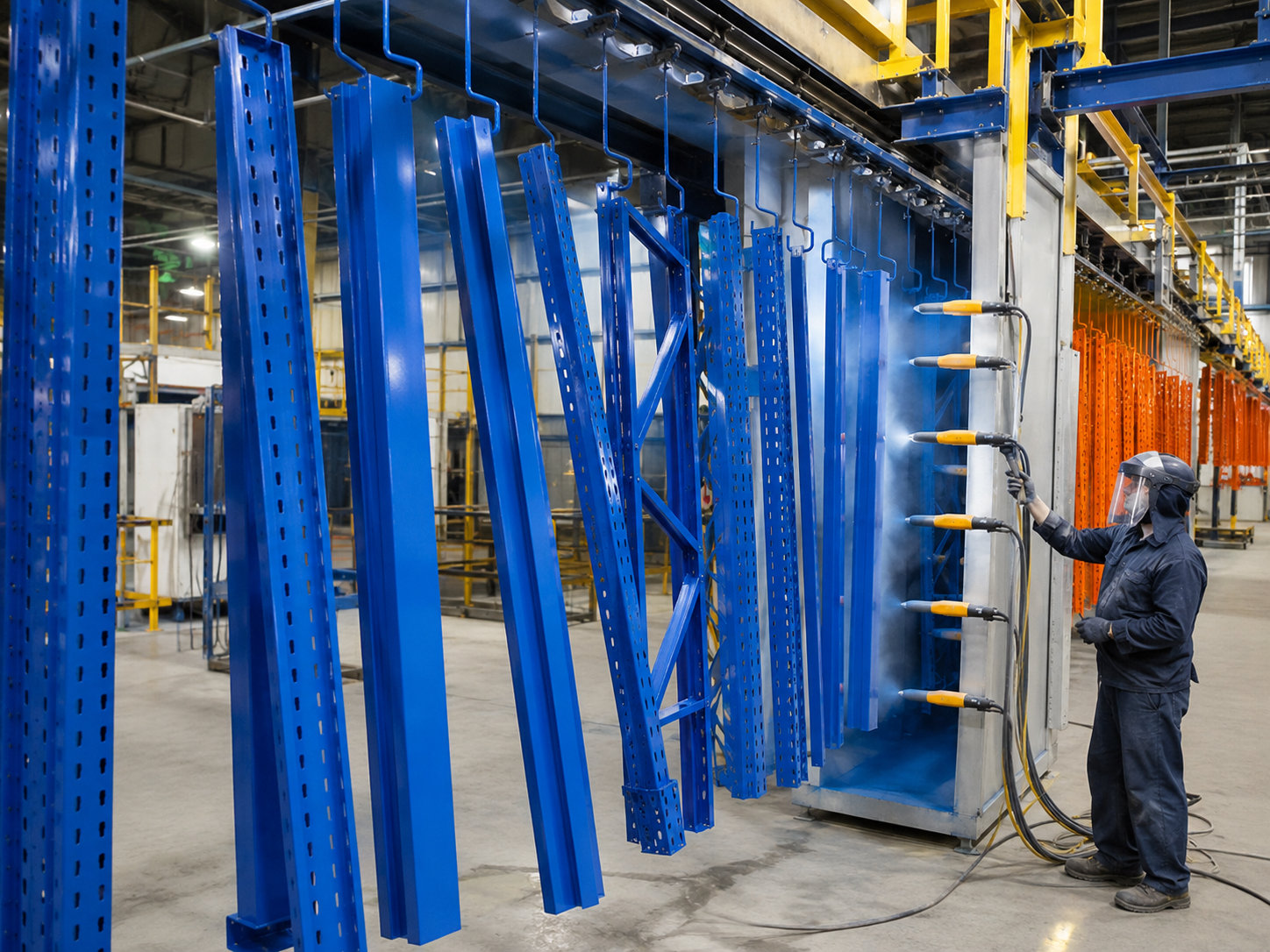 Uneven coating on pallet rack beams and perforated warehouse uprights