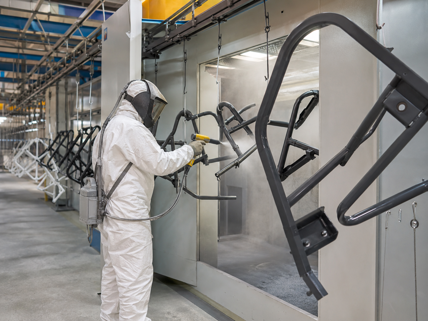 Metal furniture coating surface defects uneven coverage bare spots rework problem