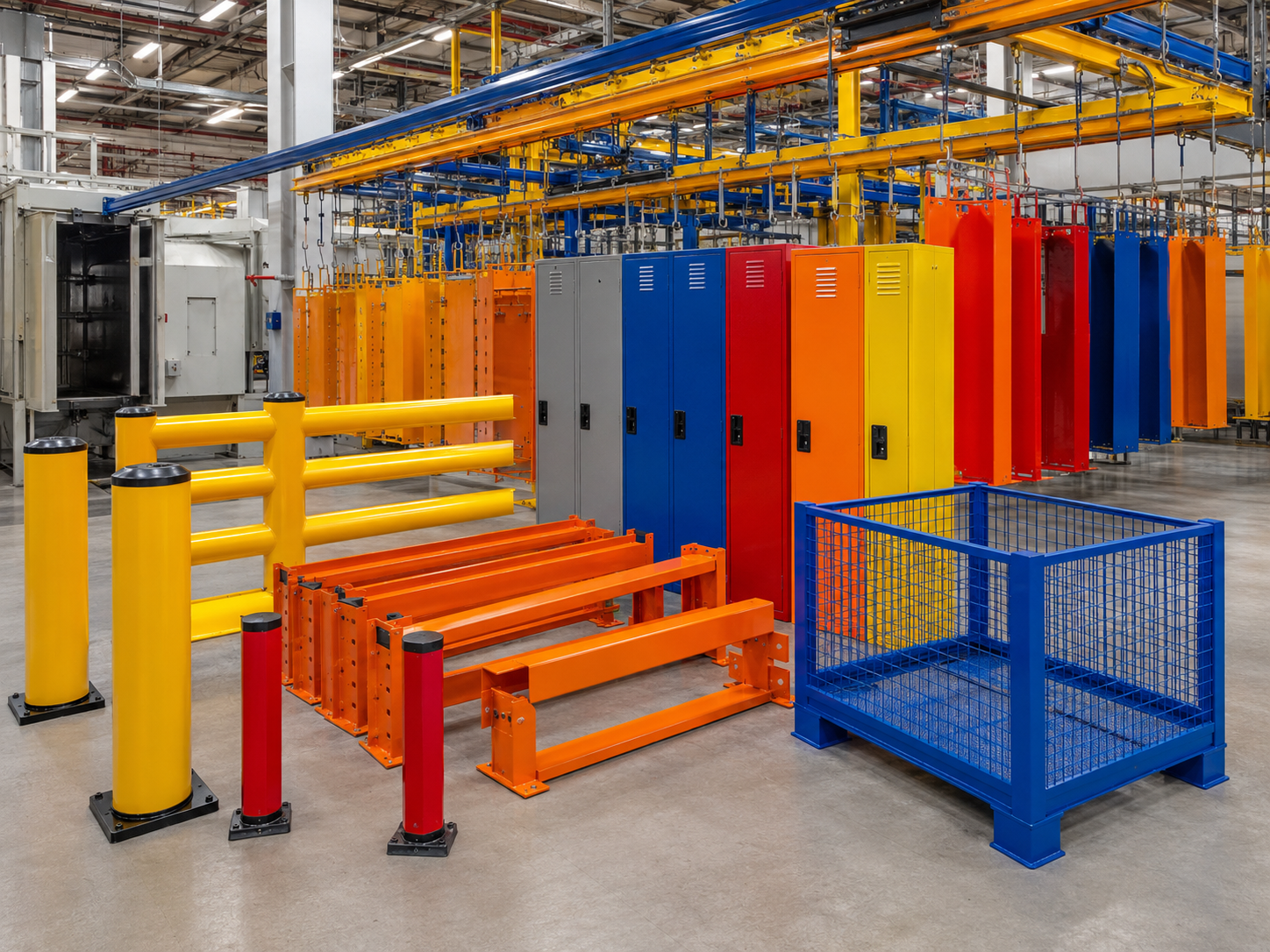 Warehouse guardrails lockers barriers and safety products powder coating